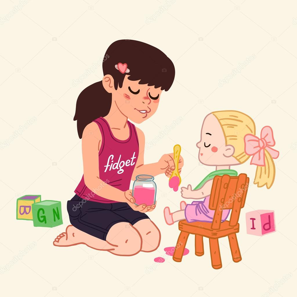 cartoon girl playing with doll