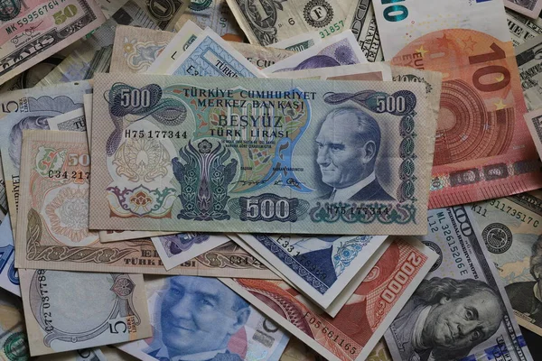 Papel Moneda Varios Países Lira Turca Dólar Euro — Foto de Stock