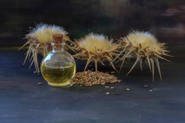 Bottle of tincture or elixir essential oil and thistle flowers on wooden background. clipart
