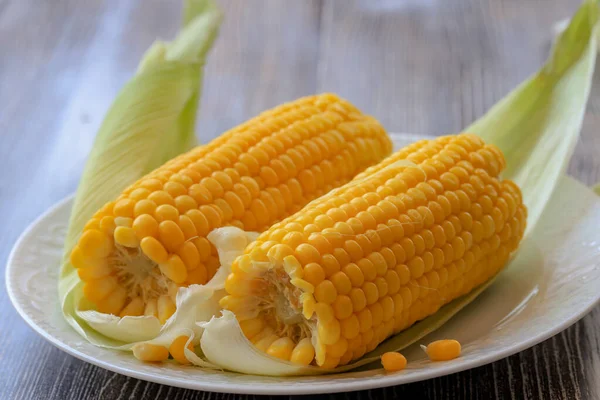 Boiled Corn White Plate — Stock Photo, Image