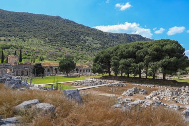 Ephesus (Efes) antik kentinde Celsius Kütüphanesi. Çoğu Türkiye 'deki antik kenti ziyaret etti. Selcuk, İzmir TurkEY