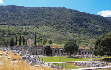 Ephesus (Efes) antik kentinde Celsius Kütüphanesi. Çoğu Türkiye 'deki antik kenti ziyaret etti. Selcuk, İzmir TurkEY