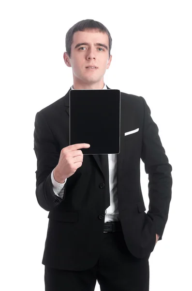 Человек в костюме с планшетным ПК — стоковое фото