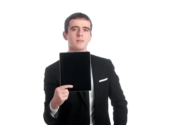 Mannen i kostym med Tablet Pc — Stockfoto
