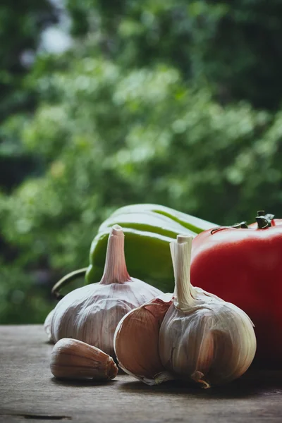 Grüne Paprika, Tomaten und Knoblauchköpfe — Stockfoto