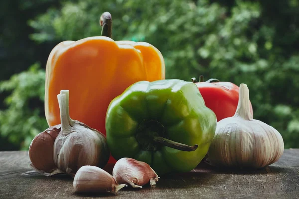 Grüne Paprika, Tomaten und Knoblauchköpfe — Stockfoto