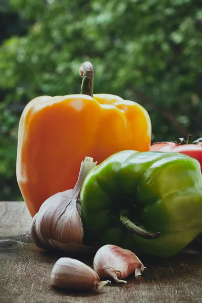 Grüne Paprika, Tomaten und Knoblauchköpfe — Stockfoto