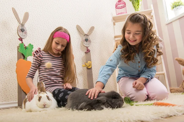 Meninas acariciando os coelhos — Fotografia de Stock