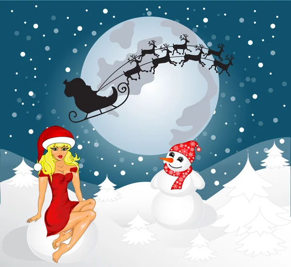 Santa, muñeco de nieve y doncella de nieve — Vector de stock