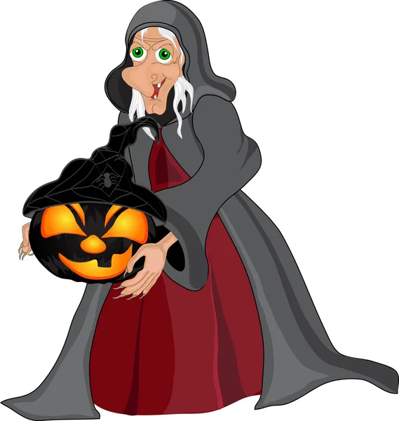 Halloween achtergrond met heks en pompoen — Stockvector