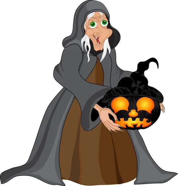 Halloween achtergrond met heks en pompoen — Stockvector