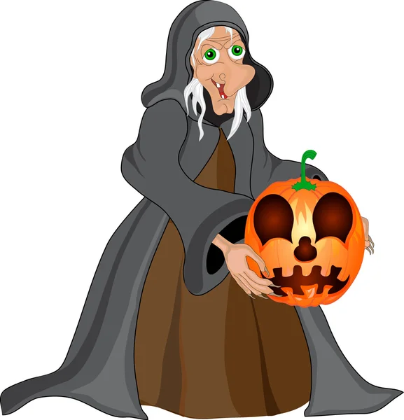 Fondo de Halloween con bruja y calabaza — Vector de stock