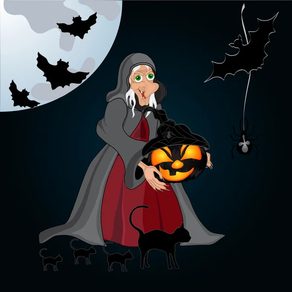 Halloween achtergrond met heks en pompoen — Stockvector