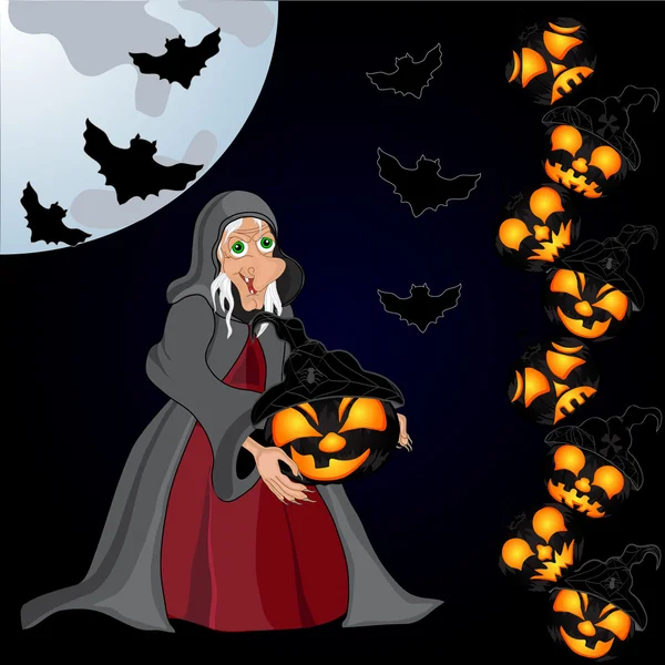 Halloween fundo com bruxa e abóboras — Vetor de Stock