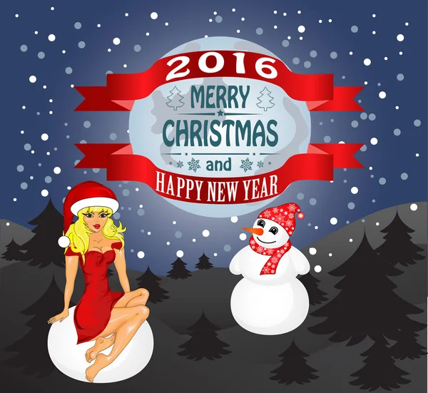 Cartão de Natal com Donzela e boneco de neve — Vetor de Stock