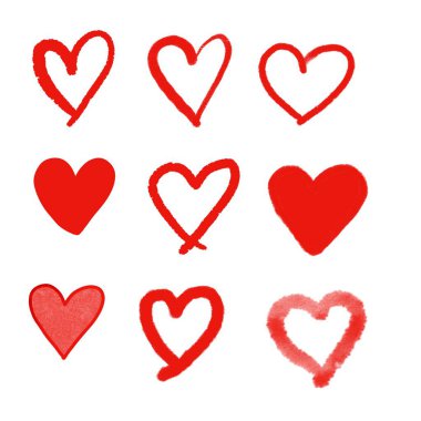 Beyaz arka planda izole edilmiş çeşitli biçimlerde el yapımı kırmızı kalpler..