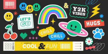 Gökkuşağı Yüzlü Renkli Y2K Çıkartma Kolajı Kalplere Gülen Yüzler Kiraz Yazısı ve Yaz Festivali Bilekliği Retro Farkı Biçiminde