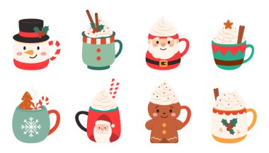 Noel bardakları Noel Baba zencefilli kurabiye ve krem şantili malzemeler tatil ve kış kutlamaları için vektör illüstrasyonları