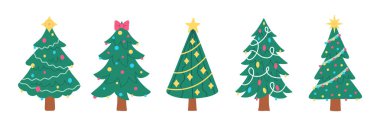 Benzersiz şekilleri, yıldızları, süsleri ve ışıklarıyla süslenmiş Noel ağaçları. Noel ve yeni yıl kutlamaları için beyaz arka planda izole edilmiş şenlikli kış tatili illüstrasyonları