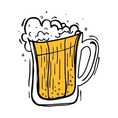 Bira bardağı köpüklü ve altın biralı, bar menüsü, Ekim festivali, kutlama ve bira fabrikası tasarımı için klasik alkol içeceği illüstrasyonu