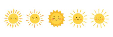 Çeşitli Gülen Yüzler ve Eşsiz Işınlarla Şirin Güneş Vektörü İllüstrasyon Seti. Parlak Sarı Güneşler Mutluluk, Sıcaklık ve Olumlu Duyguları Minimal ve Çocuk Teması Tasarımı