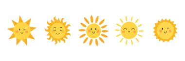 Gülen Yüzler ve Farklı Işınlarla Şirin Güneş Vektörü İllüzyonu Seti. Asgari ve Çocuk Temasında Sıcak, Neşe ve Pozitif Duygu Gösteren Mutlu Sarı Güneşler