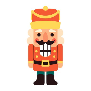 Noel fındıkkıran oyuncak asker kırmızı üniformalı, siyah çizmeli, gülen yüzlü ve geleneksel tatil tarzıyla neşeli karakterli.