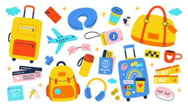 Bavul, bavul, sırt çantası, pasaport, bilet, kamera ve aksesuarlarla renkli modern bir şekilde seyahat etmek gerekli.