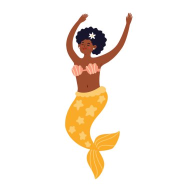 Koyu tenli deniz kızı, yıldız desenli kuyruklu ve deniz kabuklu. Tropikal Fantezi Karakteri