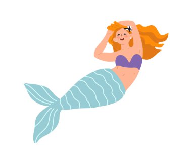 Deniz kızı illüstrasyonu. Turkuaz kuyruklu, turuncu saçlı, gülümseyen tatlı Kawaii kızı. Su altı Okyanusu Fantezisi