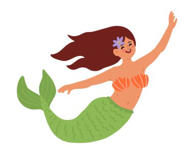 Deniz kızı illüstrasyonu. Yeşil kuyruk ve deniz kabuğu bikinili gülümseyen kız. Sualtı Okyanusu Fantezi Sahnesi