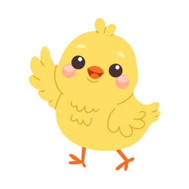 Paskalya Yavrusu İllüstrasyonu. Bahar Yaz Çocukları. Gül yanaklı sarı piliç el sallıyor. İzole edilmiş