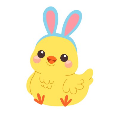 Easter Chick Bunny Ears saç bandı takıyor. Şirin Sarı Yavru Tavuk Bahar Tatili İllüstrasyonu