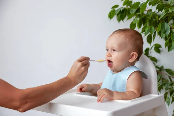 Mother feeds funny happy blond baby in blue bib from a spoon — Stock Photo, Image