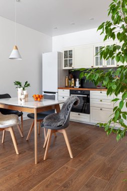 Modern tasarım yemek odası, mutfak, beyaz mobilya.