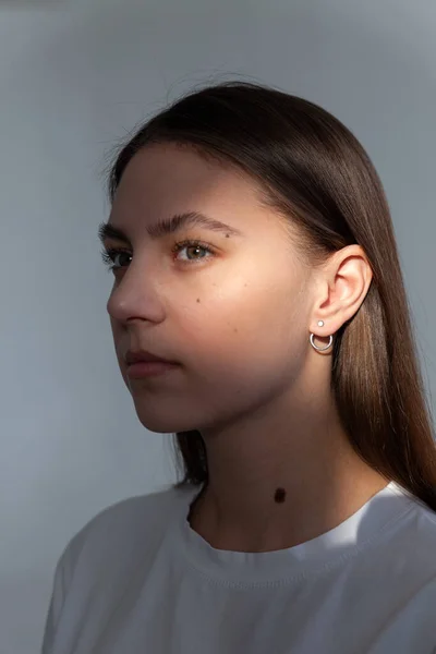 Beautiful jewelry model in modern silver round minimal earrings