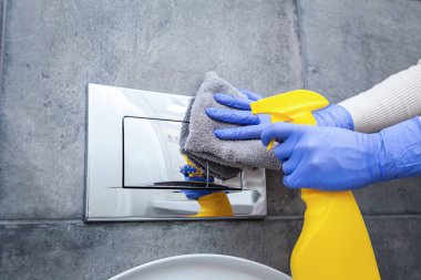 Ellerini koruyucu eldivenlerle tuvaletin sifon düğmesini temizle.