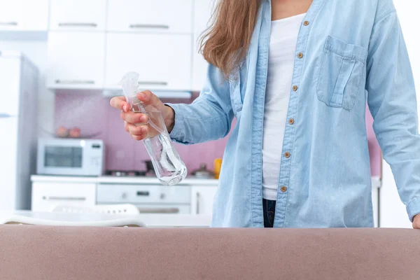 Woman Spraying Air Freshener Room Pleasant Smell House — Stock Photo, Image