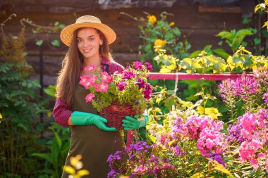 Portrait of happy joyful florist gardener woman in hat with flower pot of petunia in home garden. Gardening and floriculture clipart