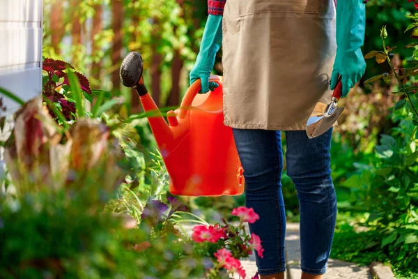 Tuinman Water Geven Bloemen Met Behulp Van Gieter Tuin Tuinieren — Stockfoto