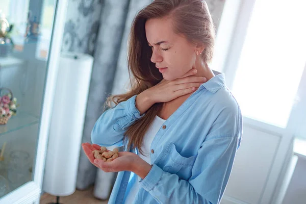 Young Sick Unwell Woman Suffers Choking Cough Allergic Reaction Peanut — Stock Photo, Image