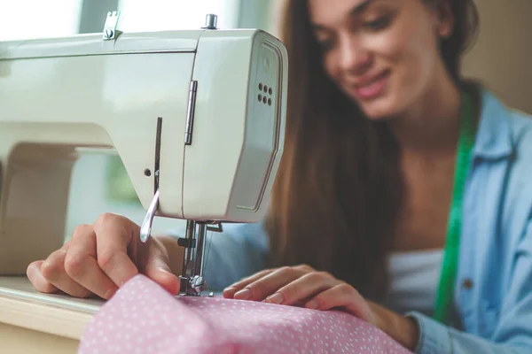 Seamstress Woman Using Electric Sewing Machine Different Sewing Accessories Sewing — Stock Photo, Image