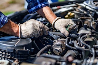 Otomobil tamircisi ingiliz anahtarıyla araba motorunu tamir ediyor. Onarım servisi 