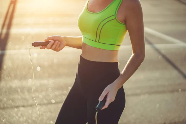 Healthy Sportswoman Sportswear Doing Cardio Exercises Jump Rope Outdoors Fit — Stock Photo, Image