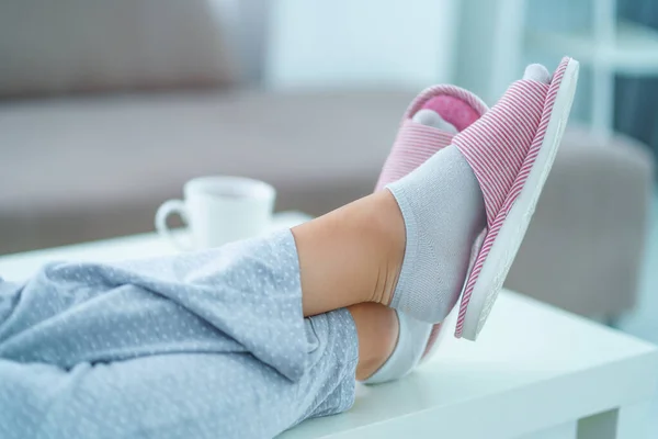 Woman Resting Home Cozy Soft Comfortable Slippers — Φωτογραφία Αρχείου