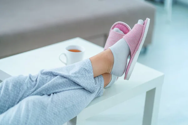 Cozy Soft Comfortable Home Slippers Female Legs — Φωτογραφία Αρχείου