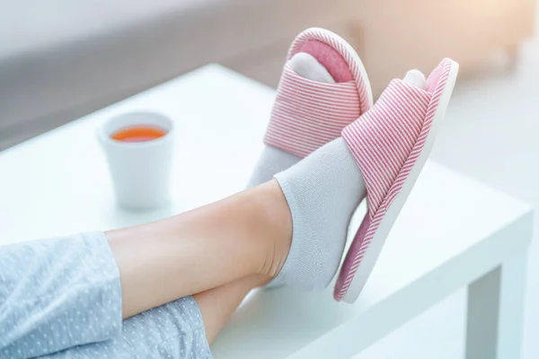 Cozy Soft Comfortable Home Slippers Female Legs — Foto de Stock