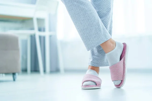 Female Legs Cozy Soft Comfortable Home Slippers — Foto de Stock