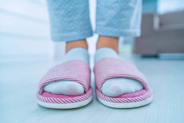 Female Legs Cozy Soft Comfortable Home Slippers Close — Foto de Stock