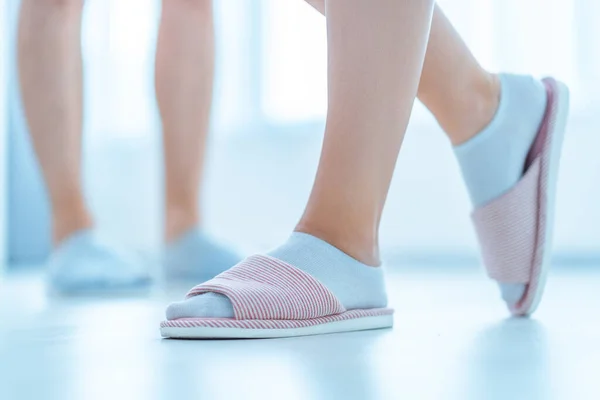 Loving Family Couple Home Cozy Soft Comfortable Slippers Family Concept — Stock Photo, Image